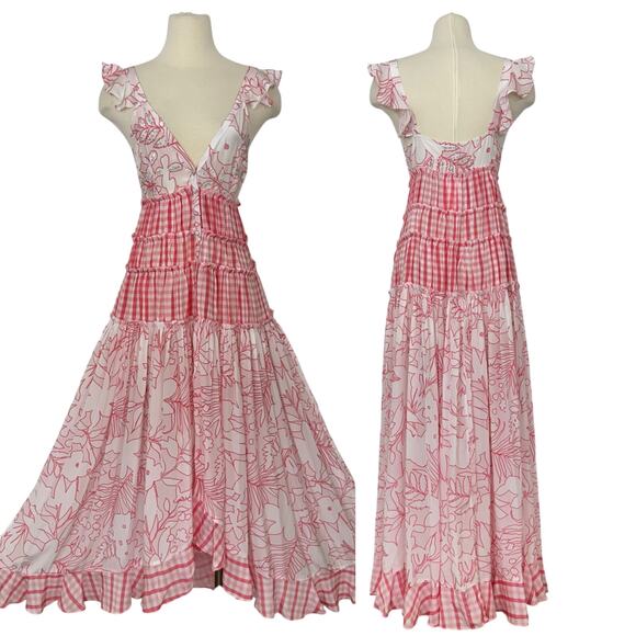 Rococo Sand Tiered Ruffle Maxi Dress Pink Gingham and Floral S NWT - Picture 1 of 13